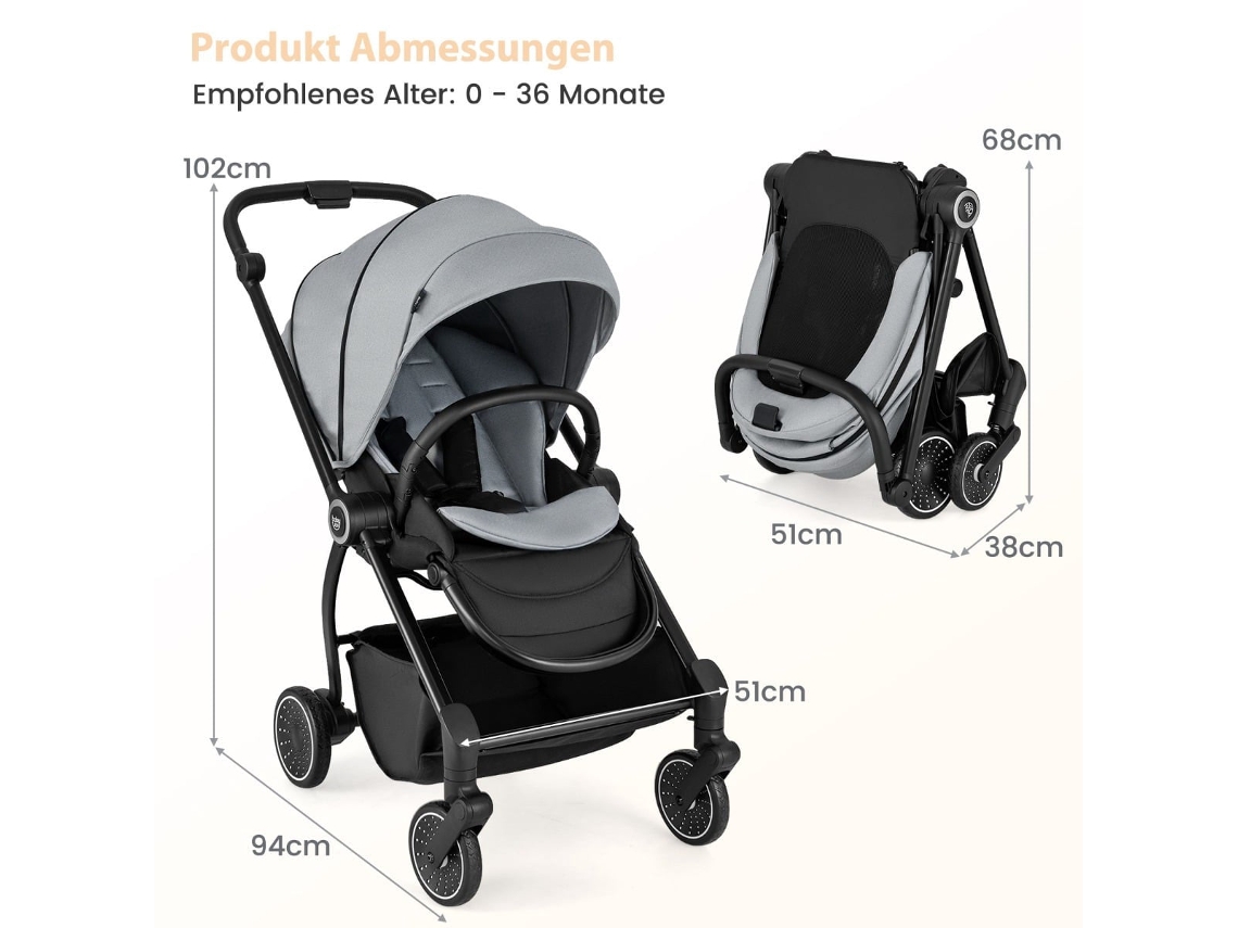 Cochecito de bebé plegable NORTHIX con asiento reversible, gris.