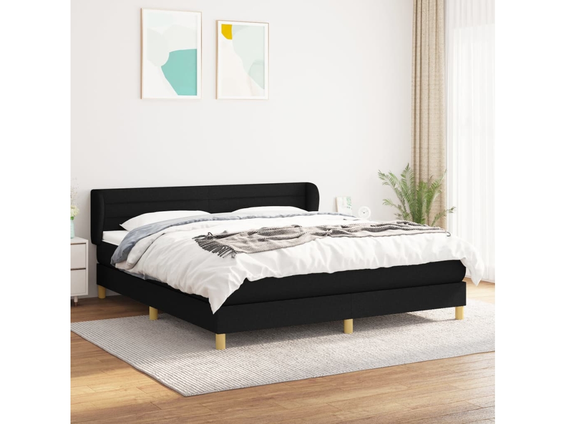 Cama Box Spring Con Colchón Tela Negro 160x200 Cm