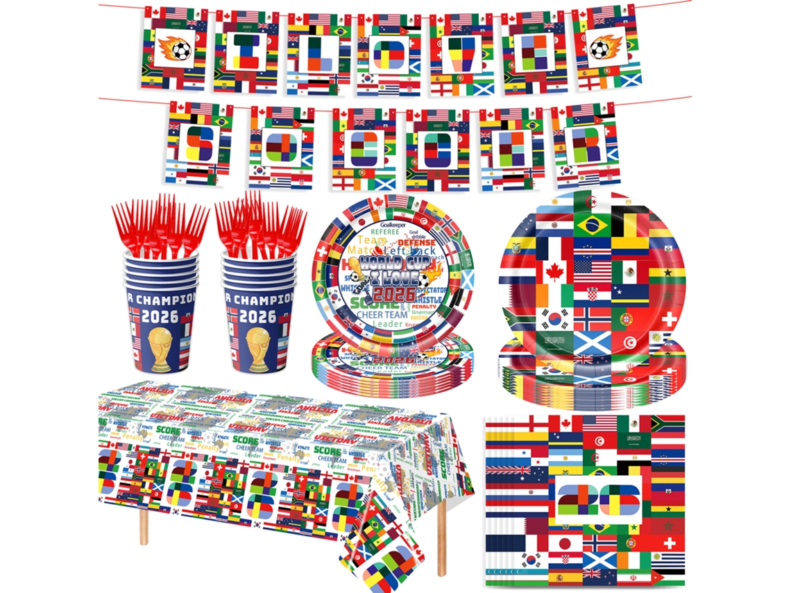 Kit completo para la fiesta del Mundial 2026: decoraciones y artículos para aficionados al fútbol.