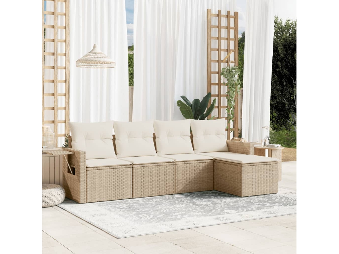 Conjunto de sofá de jardín de 5 piezas con cojines, mimbre sintético beige, Dkd Home Decor