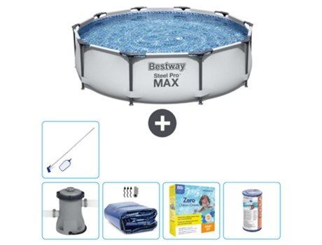 Piscina BESTWAY Round Steel Pro MAX - 305 x 76 cm - Gris - Bomba incluida Vela solar - Paquete de mantenimiento - Filtrar - kit de limpieza