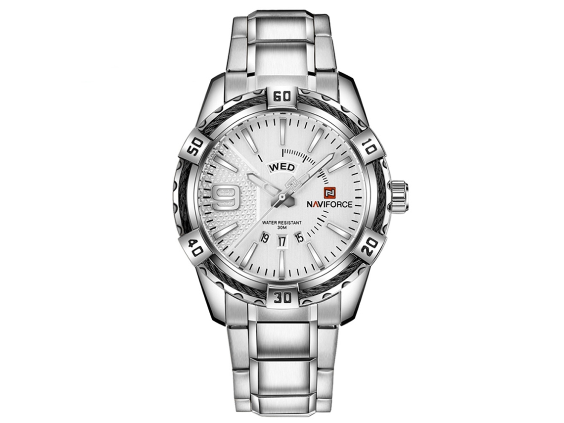 Reloj De Cuarzo Naviforce Blanco Para Hombre, Acero Inoxidable, Resistente Al Agua, Con Calendario.