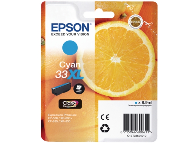 Cartucho de tinta original EPSON, 33, Naranjas 8,9 ml , Cian, Alta, XL, C13T33624012, T3362