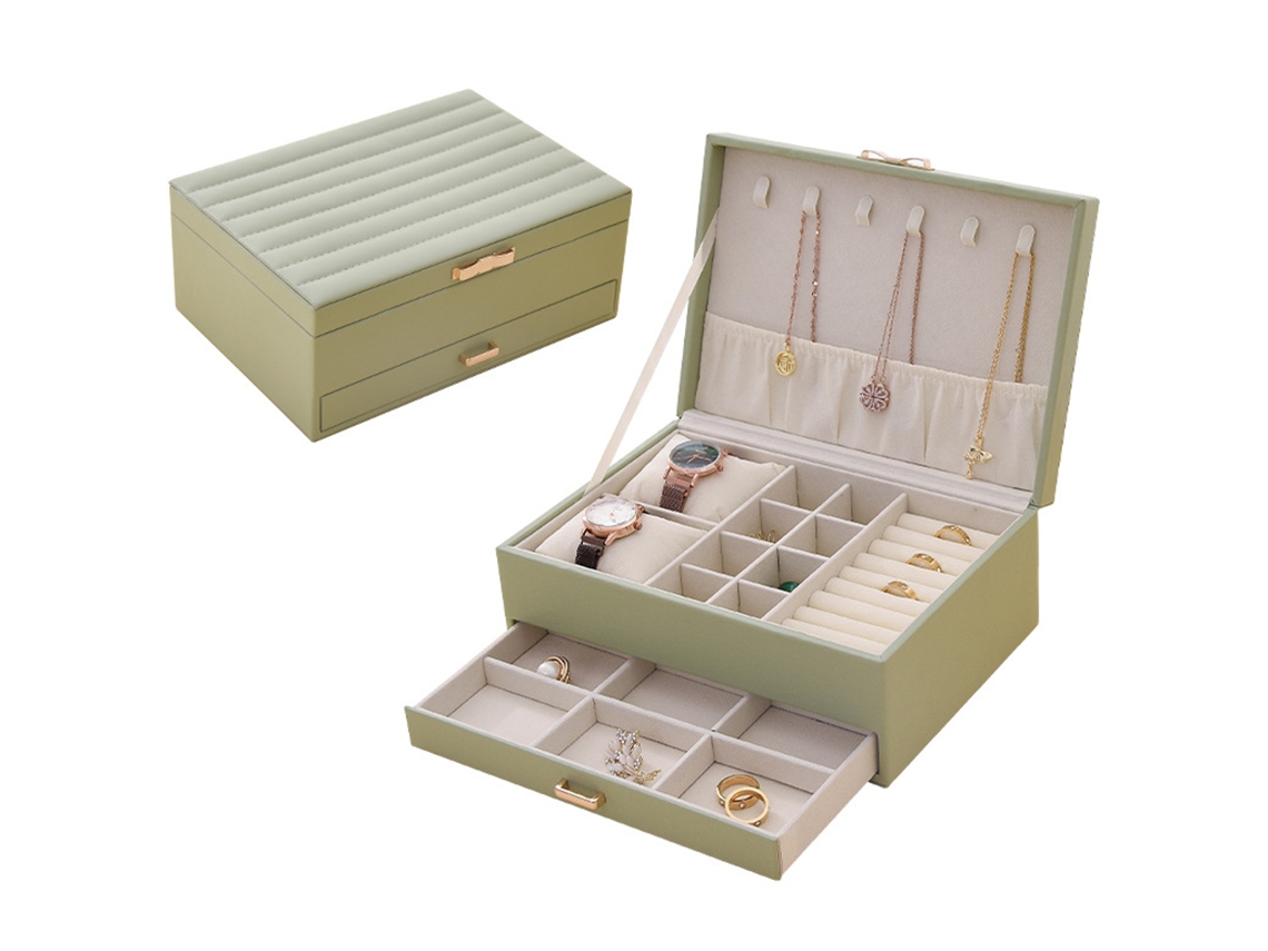 Caja De Joyería Multifuncional De Piel Sintética, 2 Niveles (Verde) GERTIZ