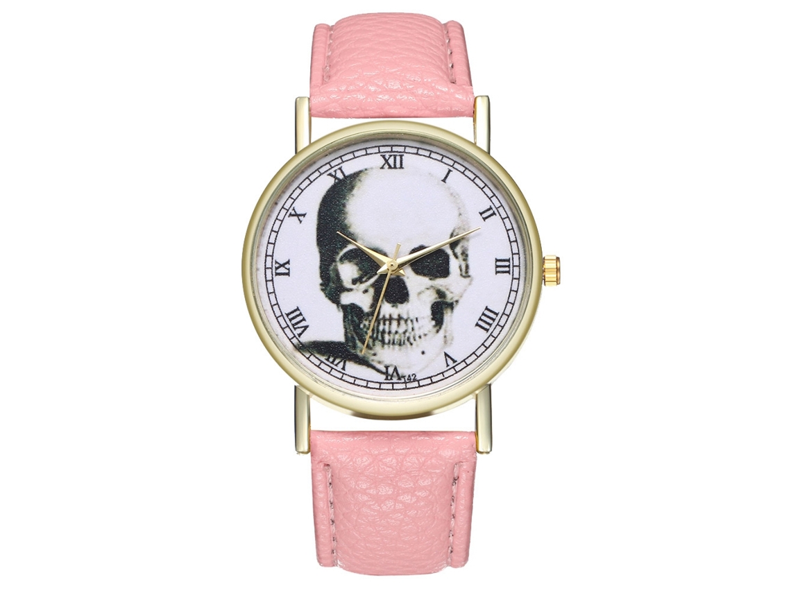Reloj De Muñeca Casual Con Calavera Numerales Romanos Correa De Cuero Pu Rosa