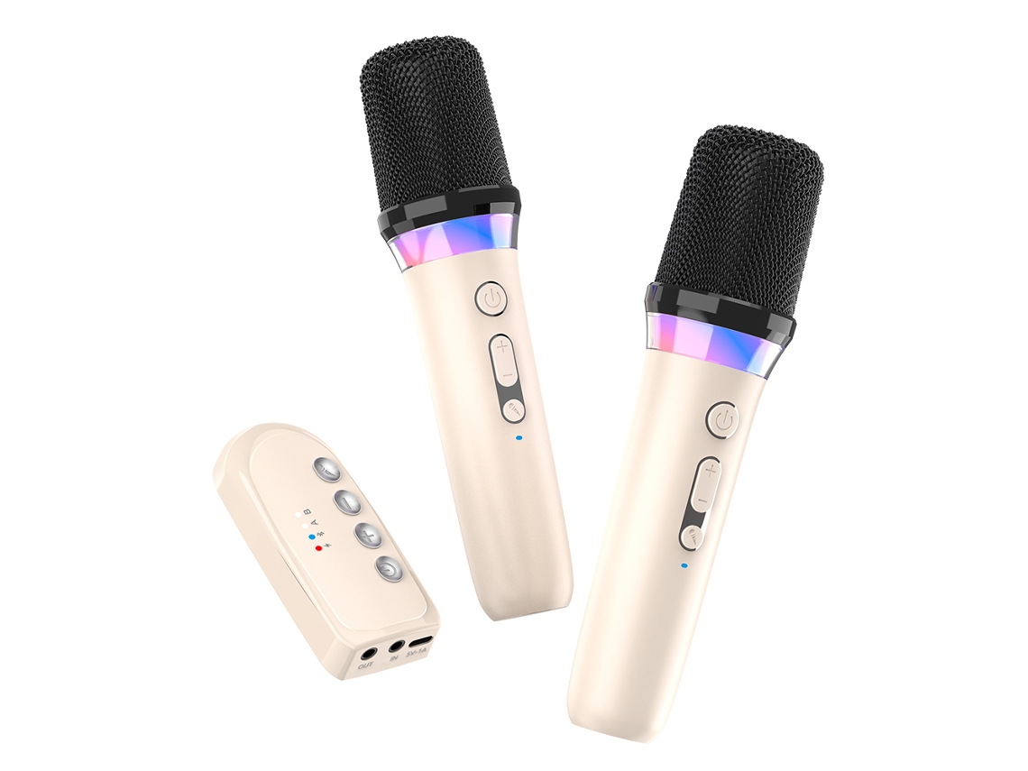 Micrófono de karaoke inalámbrico, amplificador Bluetooth, luces RGB, entrada auxiliar de 3,5 mm Mdug (dos juegos, beige)