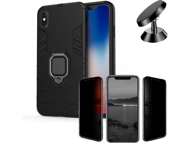 Kit Funda, Protector Privacy y Soporte Magnetico iPhone XS Max Military Defender Negro