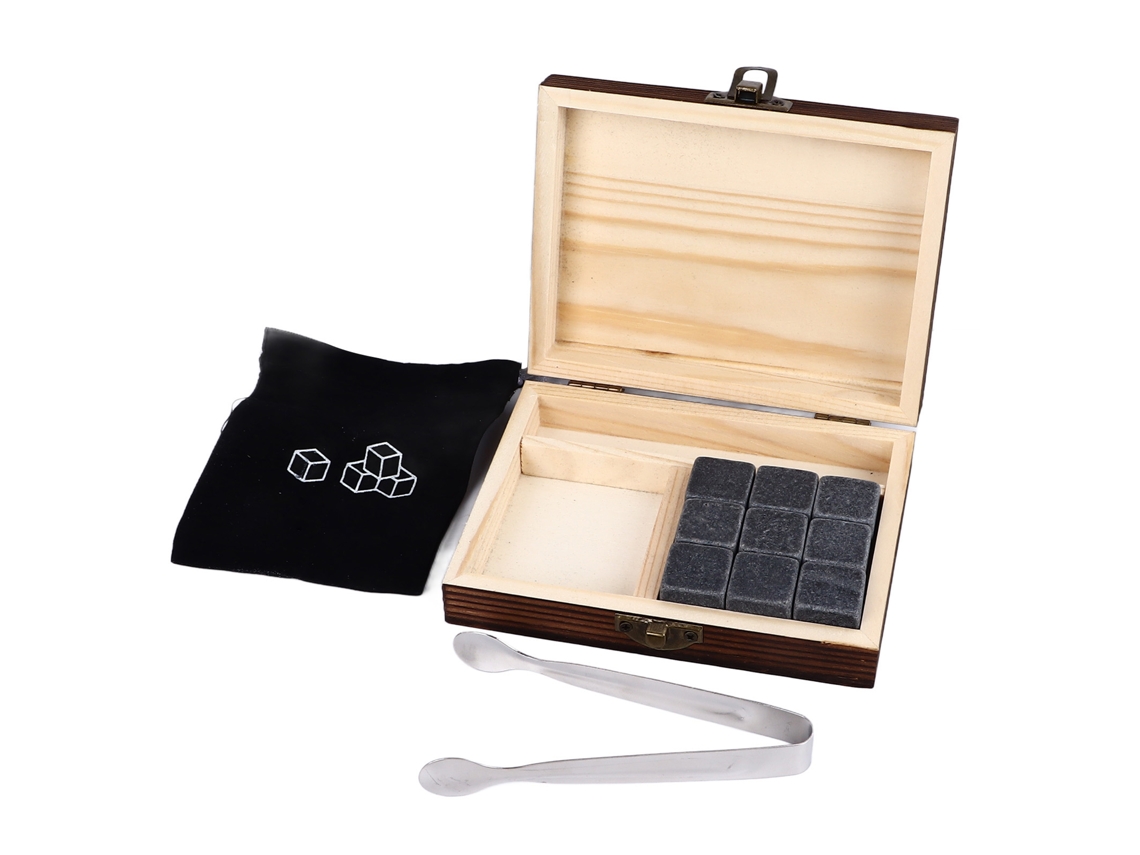 Juego De Piedras De Granito Cúbicas Para Whisky Con Caja De Pino, Enfriamiento Y Secado Rápidos, Reciclables.