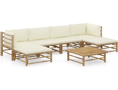 Conjunto 7 de muebles de jardín VIDAXL bambú y cojines blanco crema