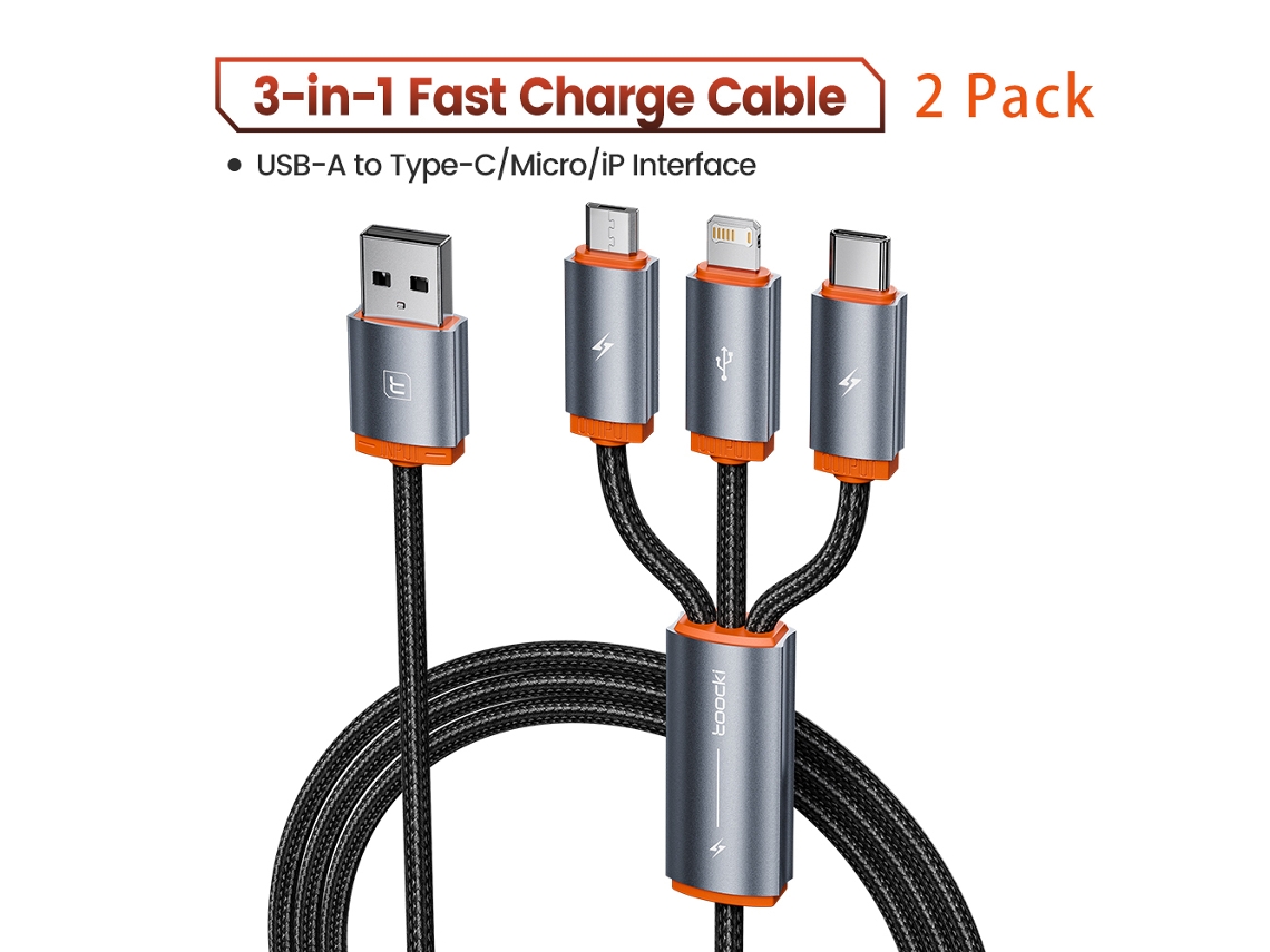 Cable USB 3 en 1, Micro USB/Tipo C/Lightning, Carga, Datos, Para iPhone 14/13/12/Poco/Huawei/Samsung/Xiaomi/Oppo, Color Naranja