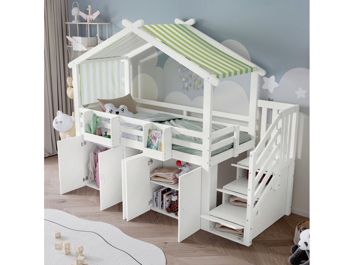 Litera Cama Infantil 90x200cm Con Rejilla De Protección Madera Contrachapada De Pino Blancoverde Sin Colchón