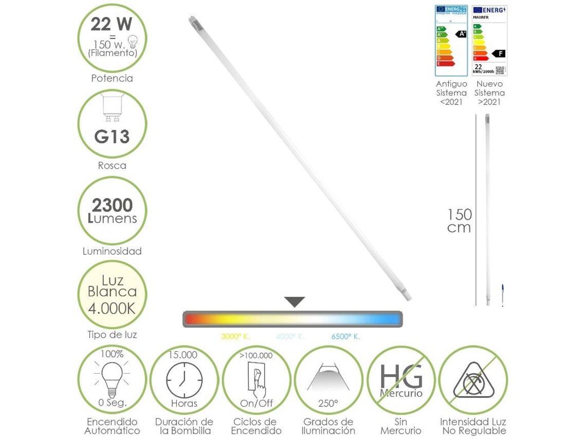 Tubo led t8 150 cm. 22 watt. equivale a 150 watt. 2300 lumenes. luz neutra 4000  k.