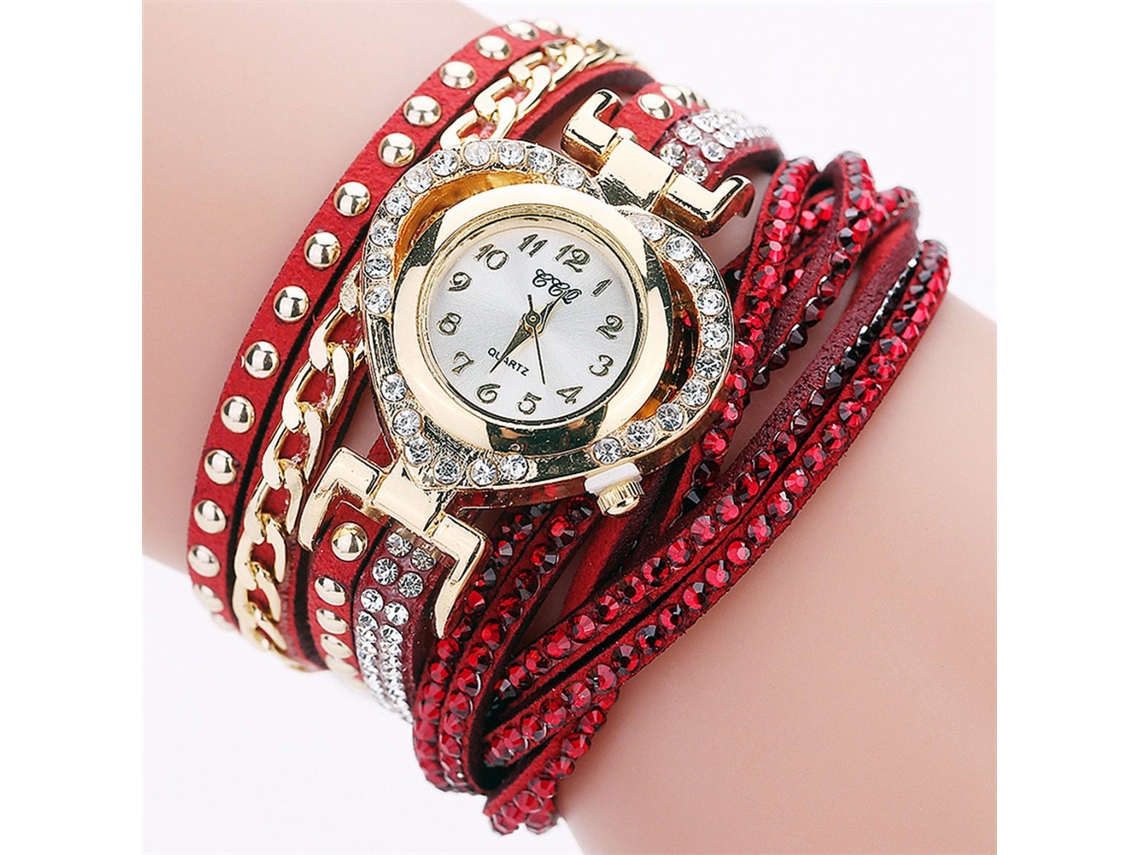 Reloj De Pulsera De Cuarzo Para Mujer Con Corazón De Diamantes De Imitación Y Múltiples Capas (rojo)