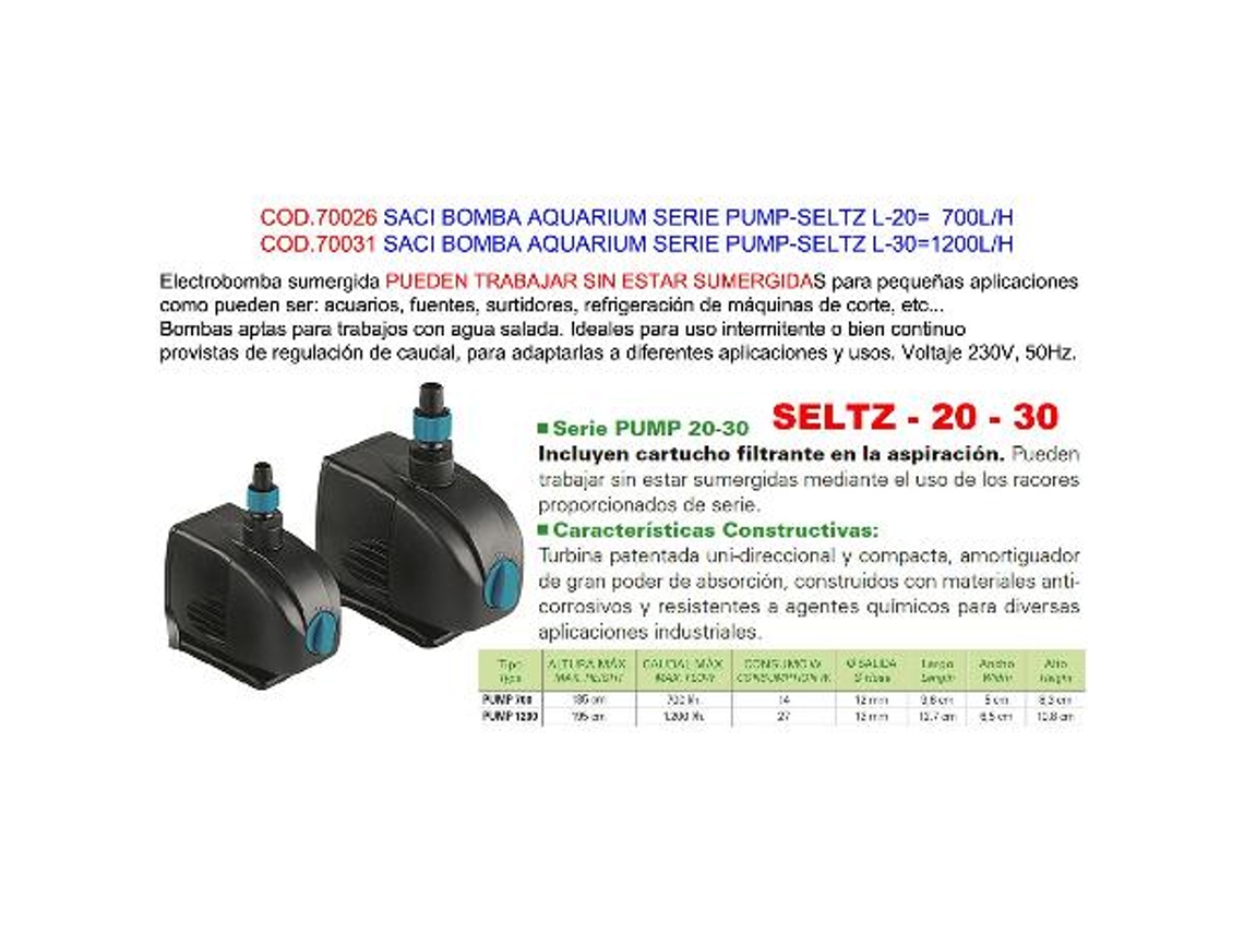 Saci bomba aquarium serie pump-seltz l-30 1200l-h