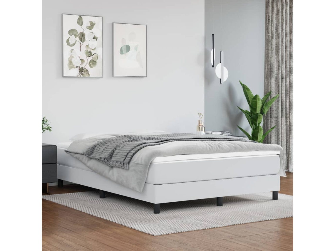 Cama Box Spring Con Colchón Cuero Sintético Blanco 140x200cm