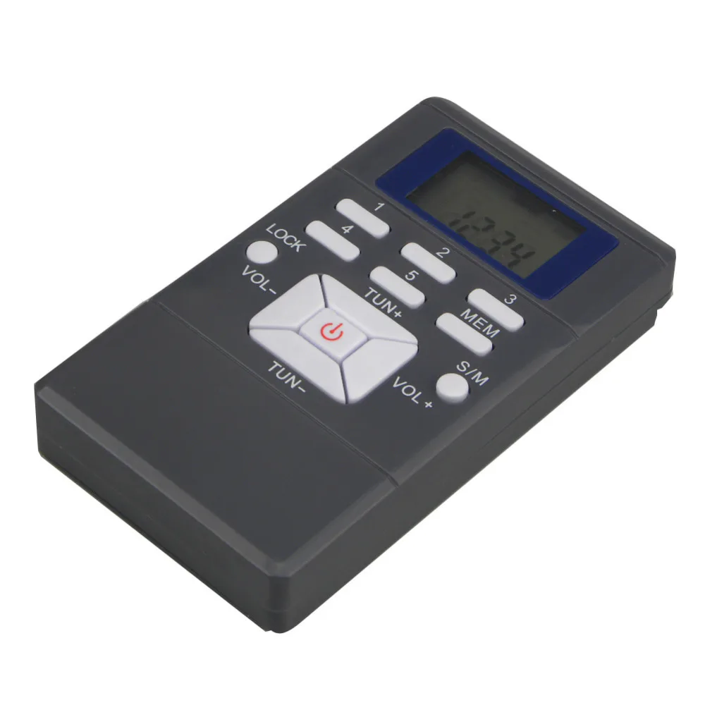 Mini receptor de radio portátil con modulación RF, pantalla LED digital, procesamiento de señal, auriculares y cordón.
