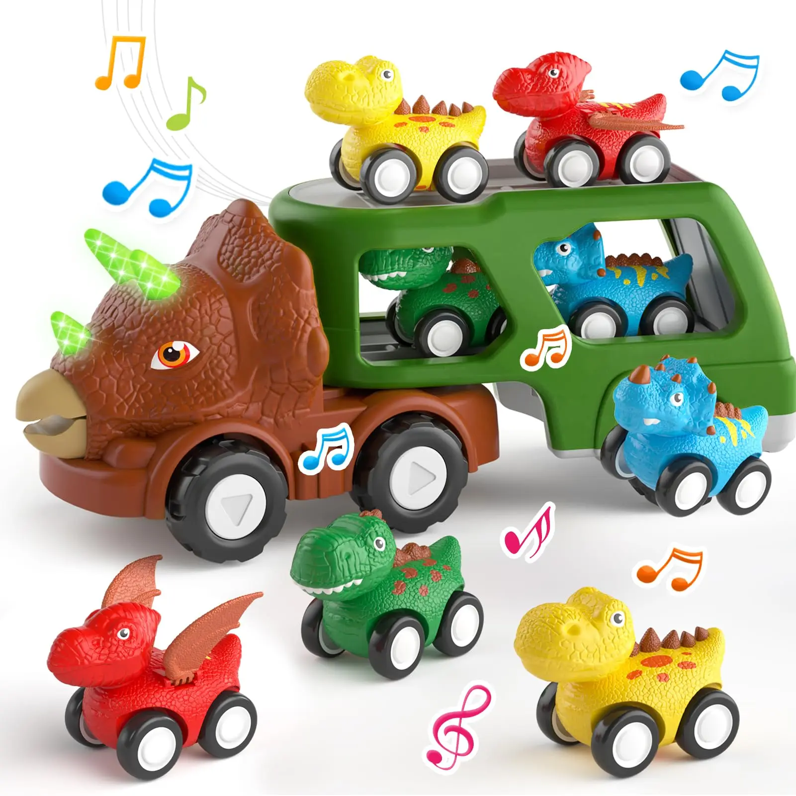 Camión dinosaurio con motor de fricción, luces LED y música MDUG (verde)
