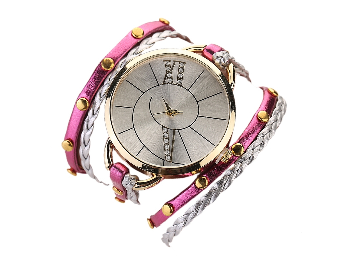 Reloj De Pulsera Retro De Cuarzo Para Mujer Con Correa De Cuerda Trenzada Multicapa (rosa Y Rojo)
