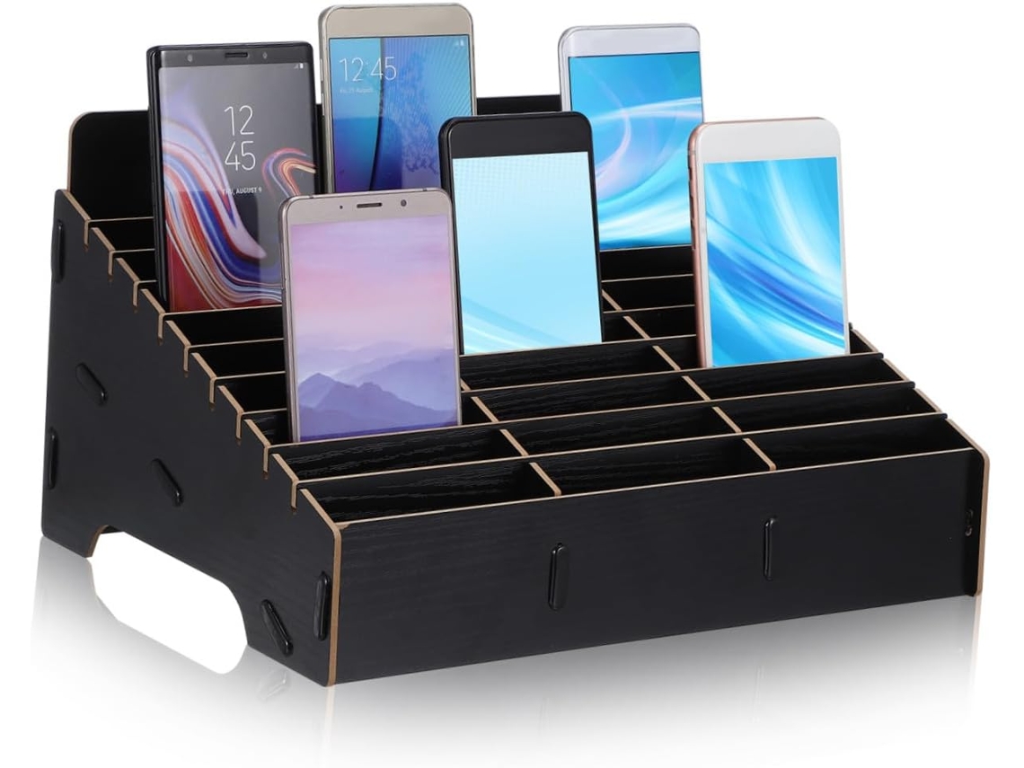 Caja De Almacenamiento Multirejilla De Madera Oscura Para Teléfono Y Objetos Pequeños.