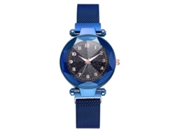 Reloj De Cuarzo Para Mujer Con Correa De Malla, Botón Magnético Y Esfera Redonda Azul.