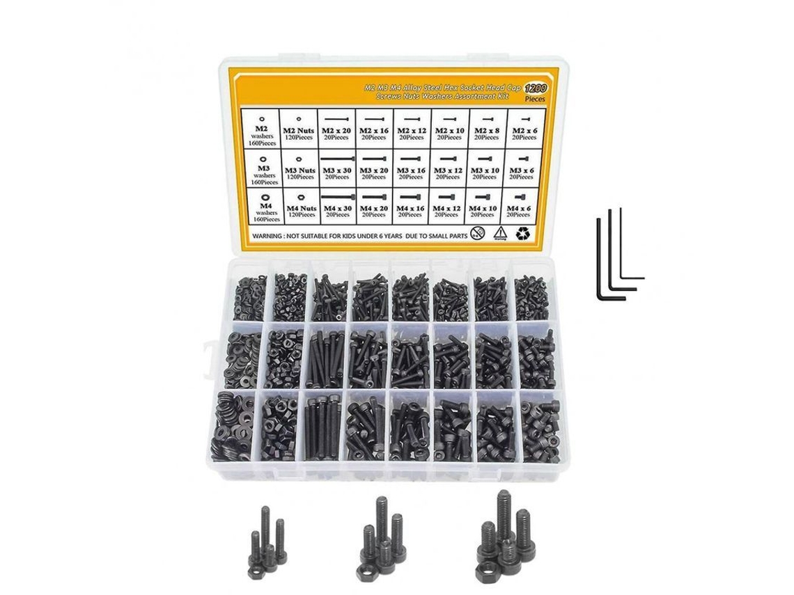 Kit de tornillos y tuercas de acero al carbono M2-M4, con 3 llaves hexagonales, 1200 piezas.