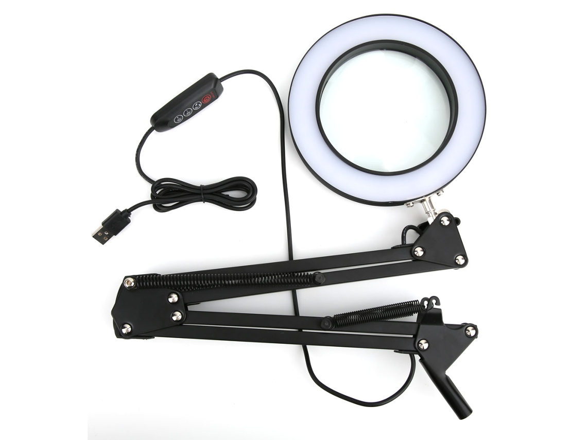 Lupa Led Ajustable 5x Con Abrazadera De Mesa, 3 Niveles De Luz, Brazos Retráctiles Para Soldar Y Leer.