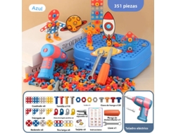 Juego de herramientas de montaje infantil con brocas para taladro eléctrico, tornillos, tuercas y rompecabezas - Mdug (azul, 351 piezas)
