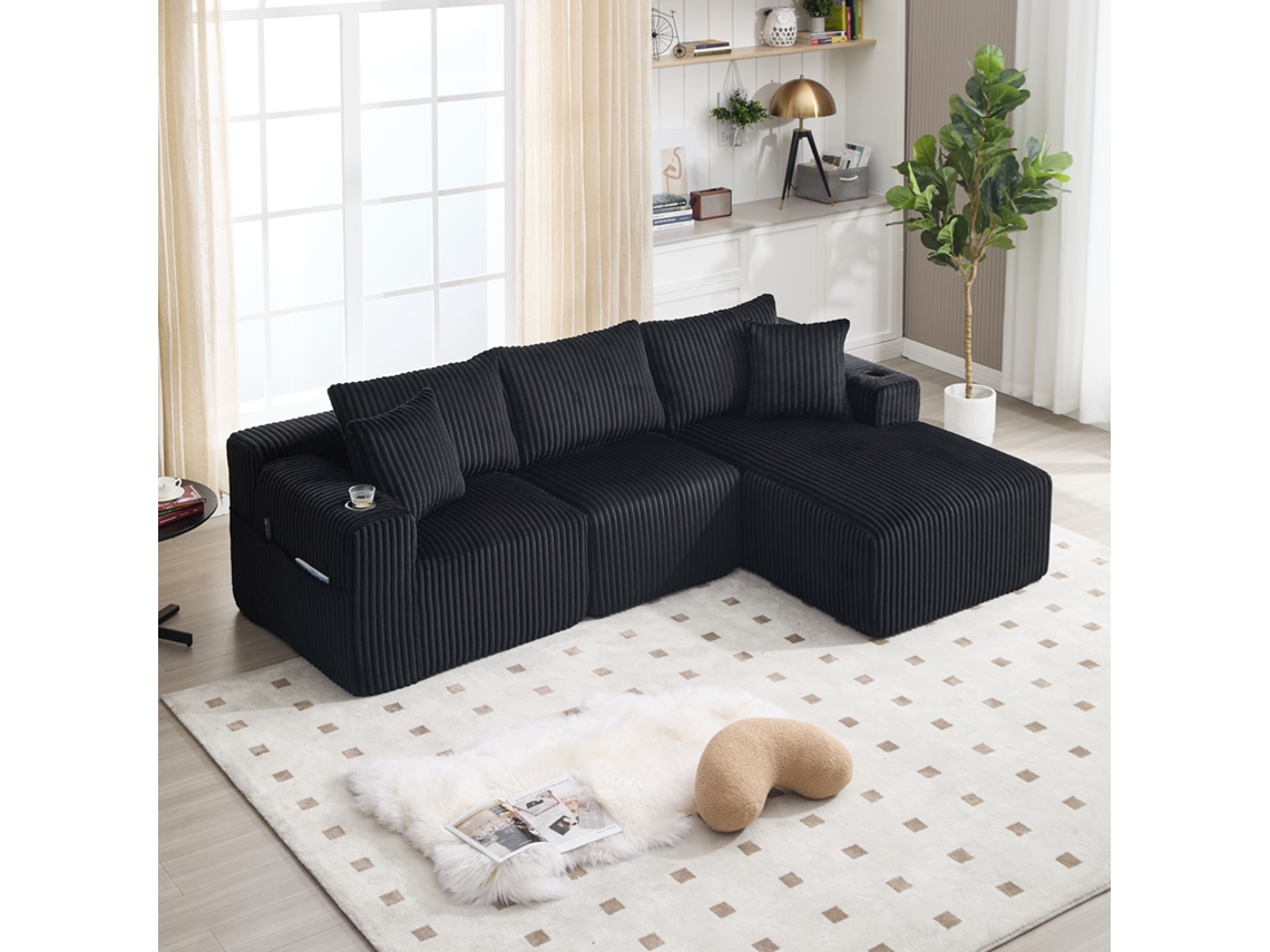 Sofá Modular 3 Plazas - Chaiselongue, 5 Cojines, Bolsillos, Soporte Bebidas, Espuma Densa - Negro