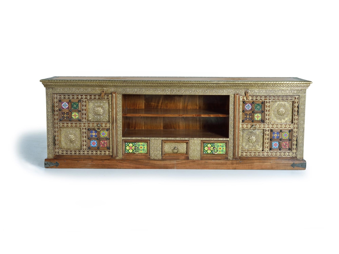 Mueble televisor hecho a mano con detalles de azulejos. Marrón.GINER Y COLOMER 60x40x180