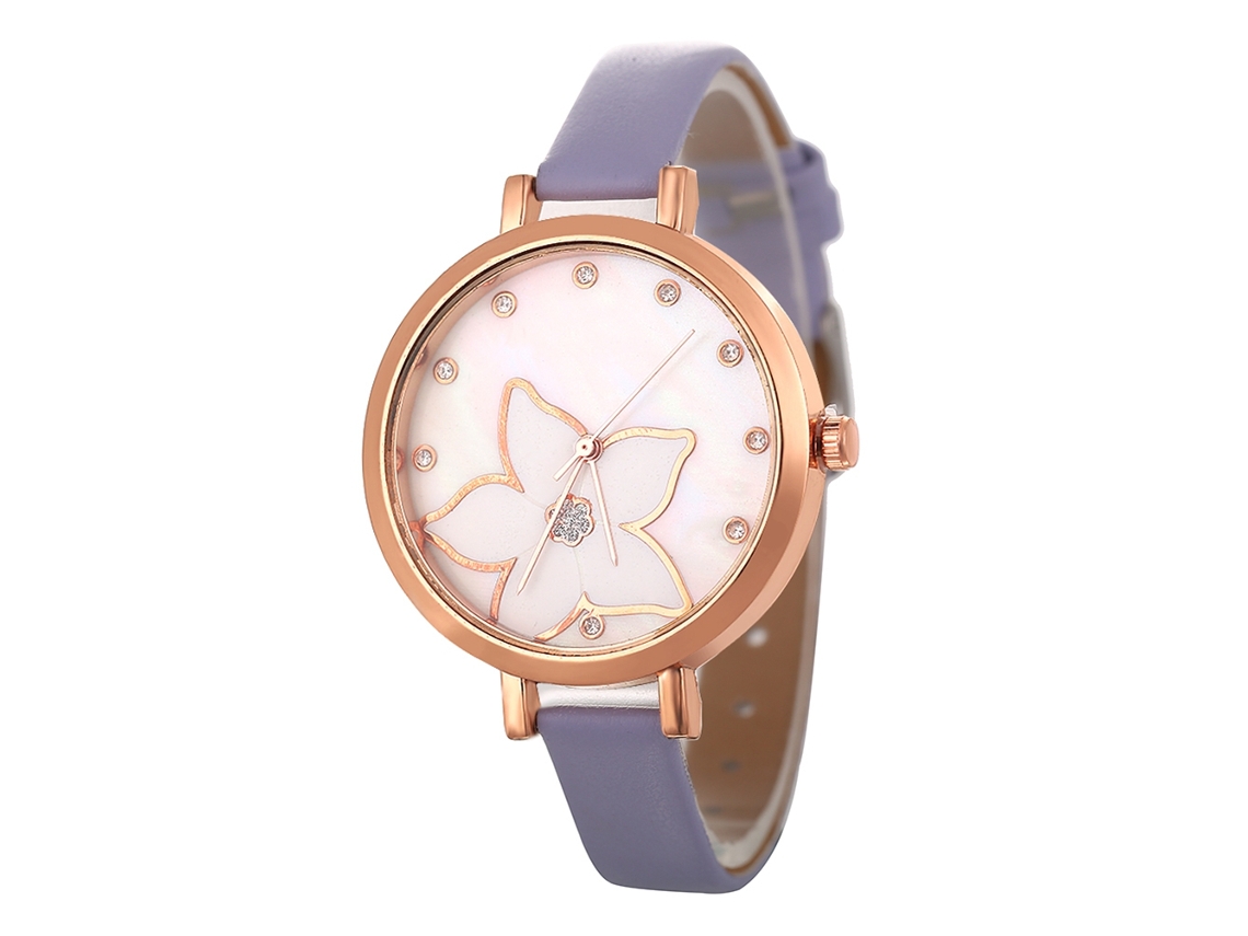Reloj De Mujer De Moda Coreana, Cuero Lila, Cuarzo Analógico, Redondo.