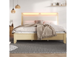 Cama Doble 160x200 Cm - Cabecero Con Espacio De Almacenamiento, Led, Parte Trasera En Cordón Beige, Estructura De Madera - Roble Claro