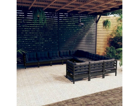 Conjunto 11 Muebles de jardín VIDAXL y cojines negro madera de pino
