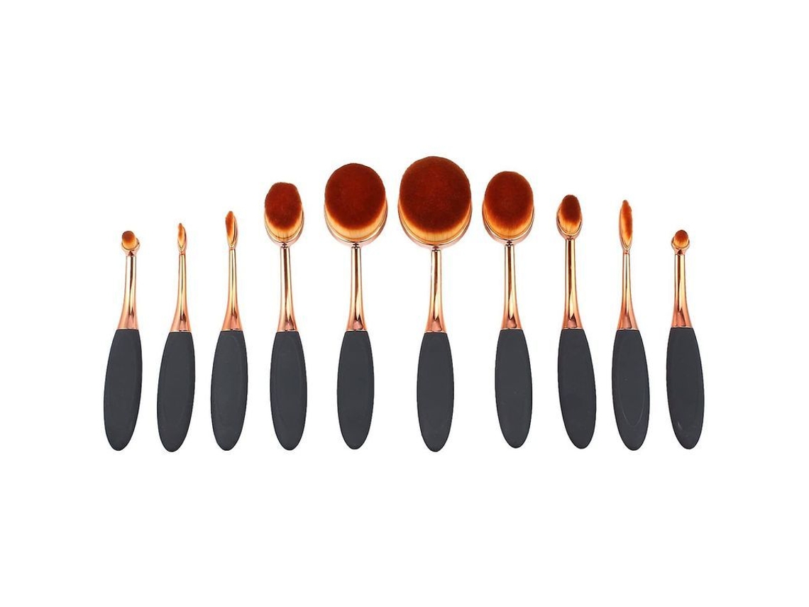 Kit De Brochas De Maquillaje Con 10 Brochas Ovaladas Sintéticas Suaves + Esponja, Ouro Preto