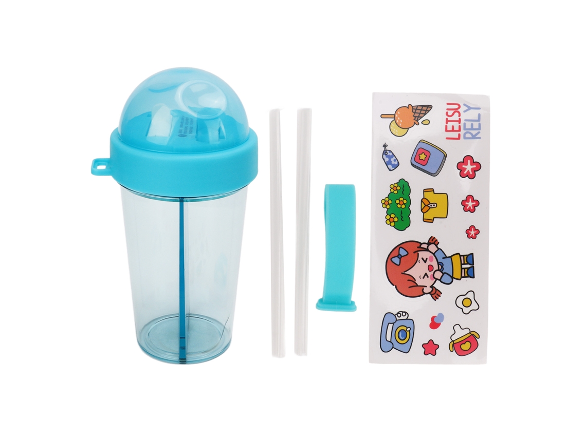 Botella De Agua Portátil Con Doble Pajita, A Prueba De Fugas, Con Pegatina, Para Camping, Deportes, Correr, Azul.
