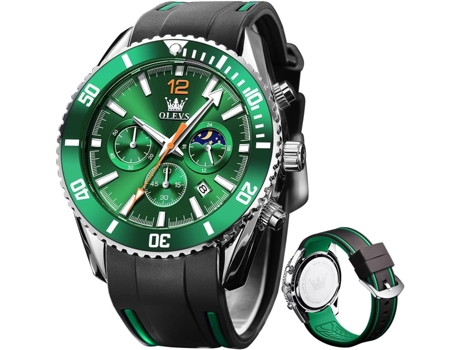 VEANXIN Reloj de acero inoxidable resistente al agua con cronógrafo de buceo profesional de silicona para hombre con fecha(Verde)