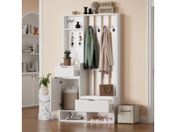 Mueble de entrada 6 en 1, 8 ganchos, zapatero, estantes, con protección antivuelco, blanco, 100 x 30 x 180 cm, MOBRIO