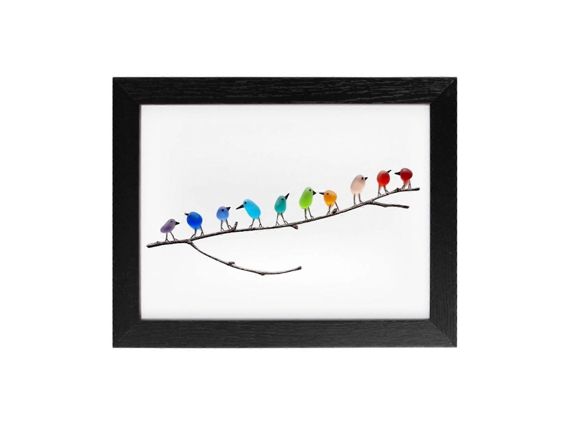 Adorno de pared de pájaros arcoíris en vidrio marino, exclusivo adorno de pájaros arcoíris enmarcado y hecho a mano.
