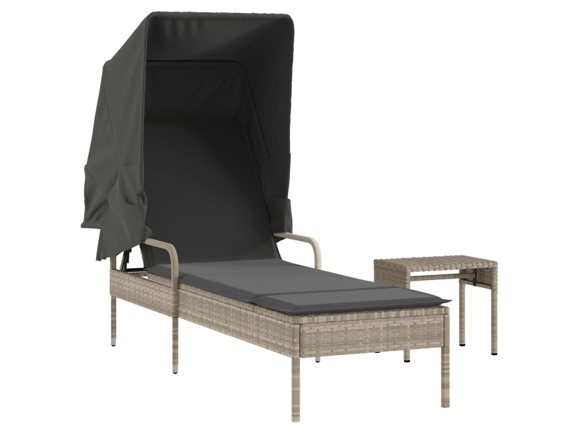 Tumbona con dosel y mesa, gris claro, patas de mimbre, MAISON EXCLUSIVE