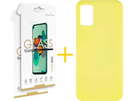 Funda y Protector 2x de Vidrio Samsung Galaxy A31 SKYHE Silicona Líquida Amarillo