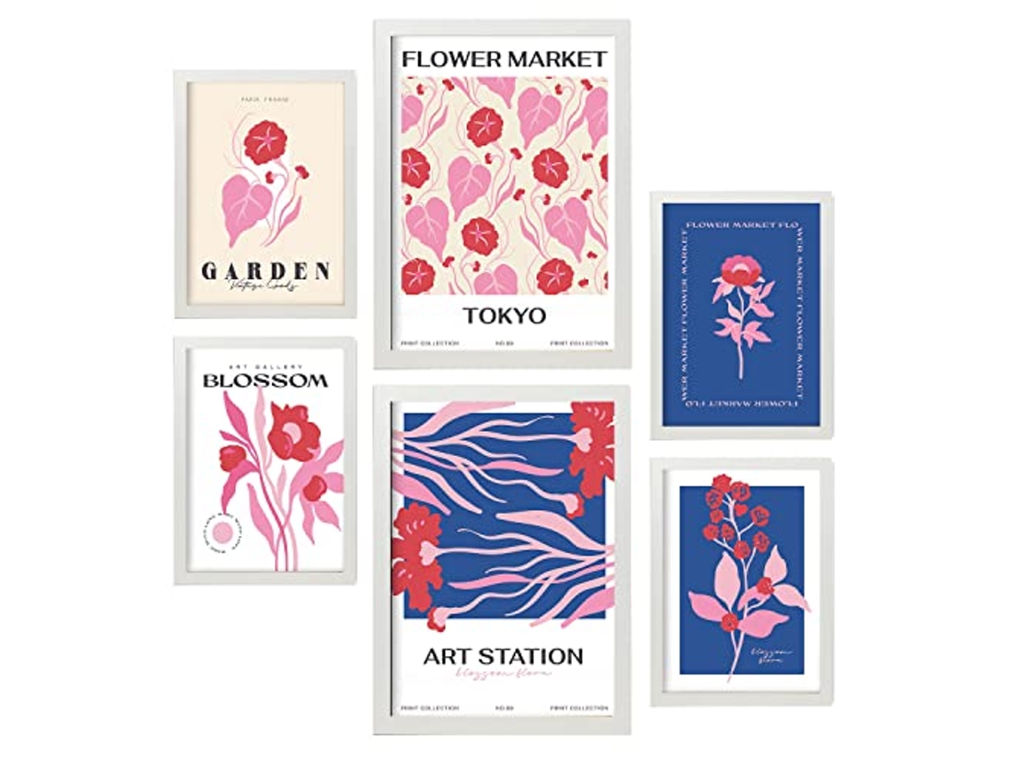NACNIC Set de 6 Posters Florales Mercado de Flores Láminas de Naturaleza y Botánica Para Tamaños A3 & A4 Marcos Blancos
