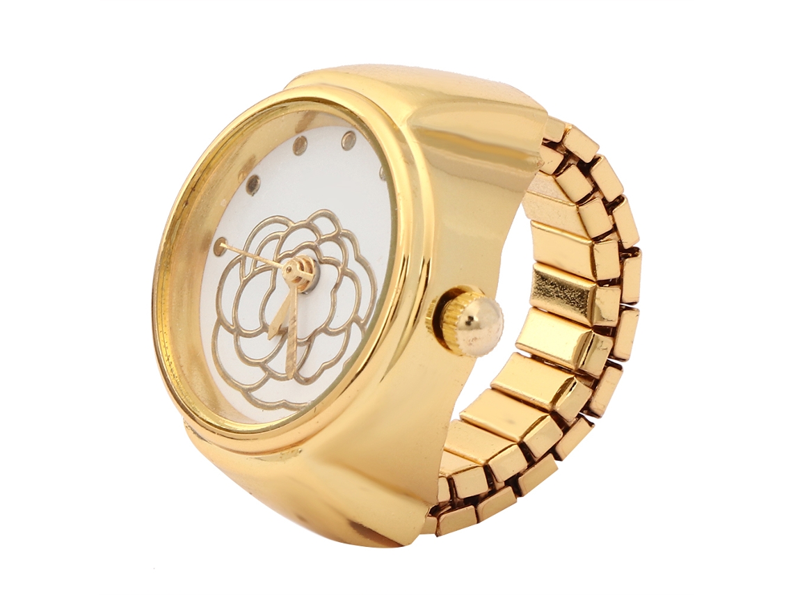 Reloj De Cuarzo Con Esfera Redonda Y Anillo De Dedo Dorado Para Mujer