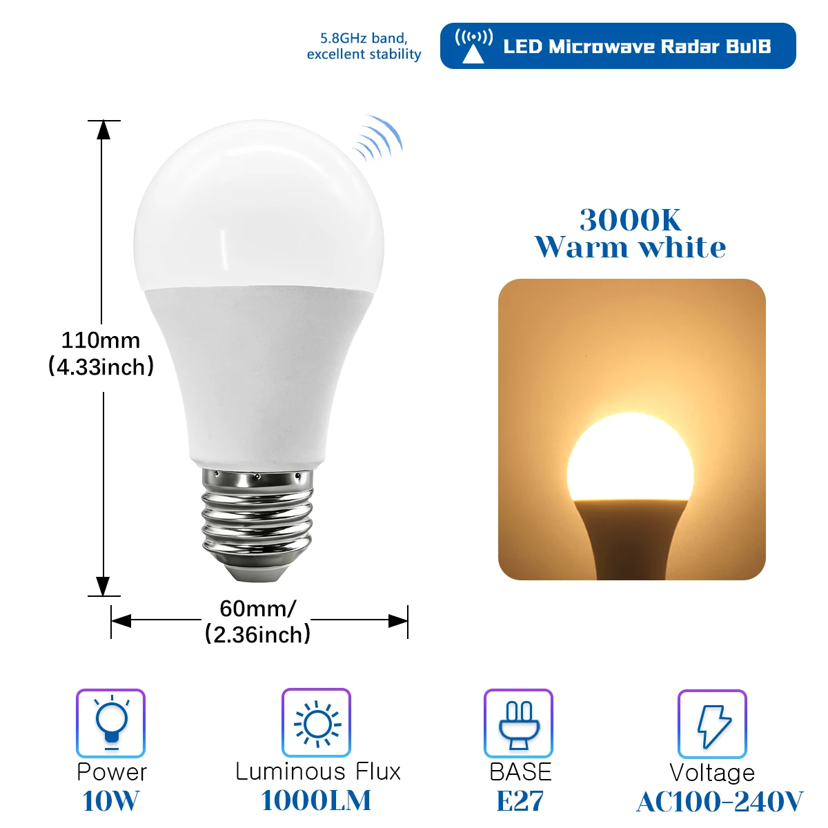 (3000k, 2 Unidades) Dos Bombillas E27 Con Sensor De Radar, Interruptor Automático, 220v, Aptas Para Sótanos, Patios, Etc.