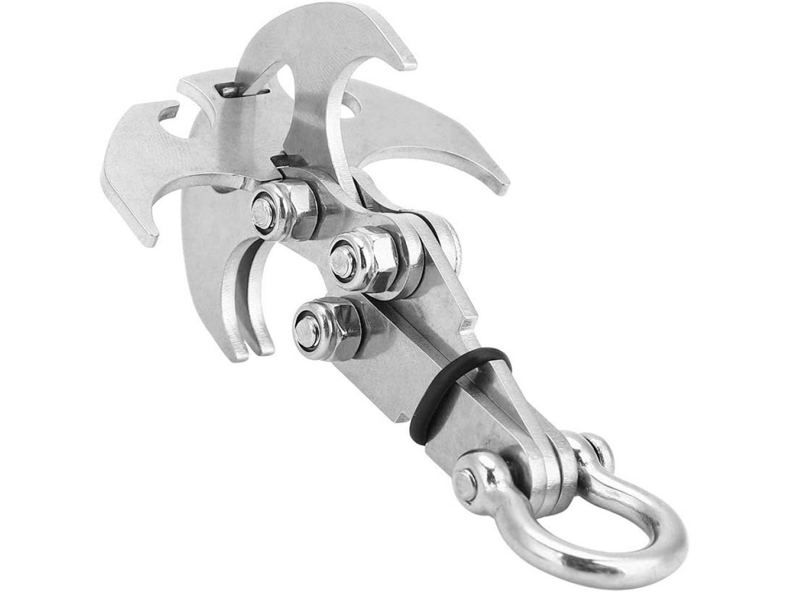 Mosquetón de alta resistencia para exteriores, gancho de escalada plegable de acero inoxidable con mecanismo de bloqueo seguro y uso versátil.