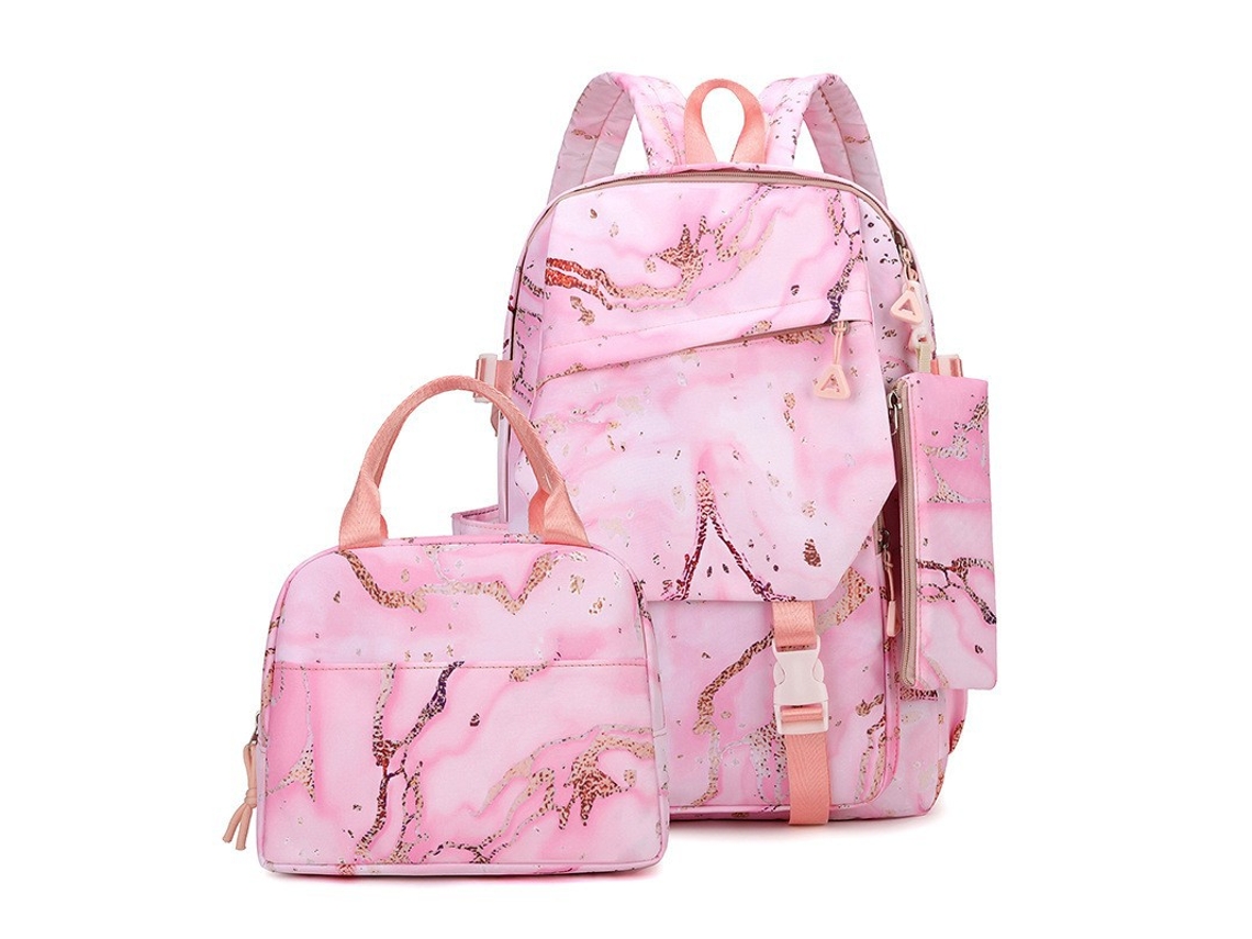 Mochila, lonchera y estuche para lápices de estudiante, juego de tres piezas con gran capacidad, rosa
