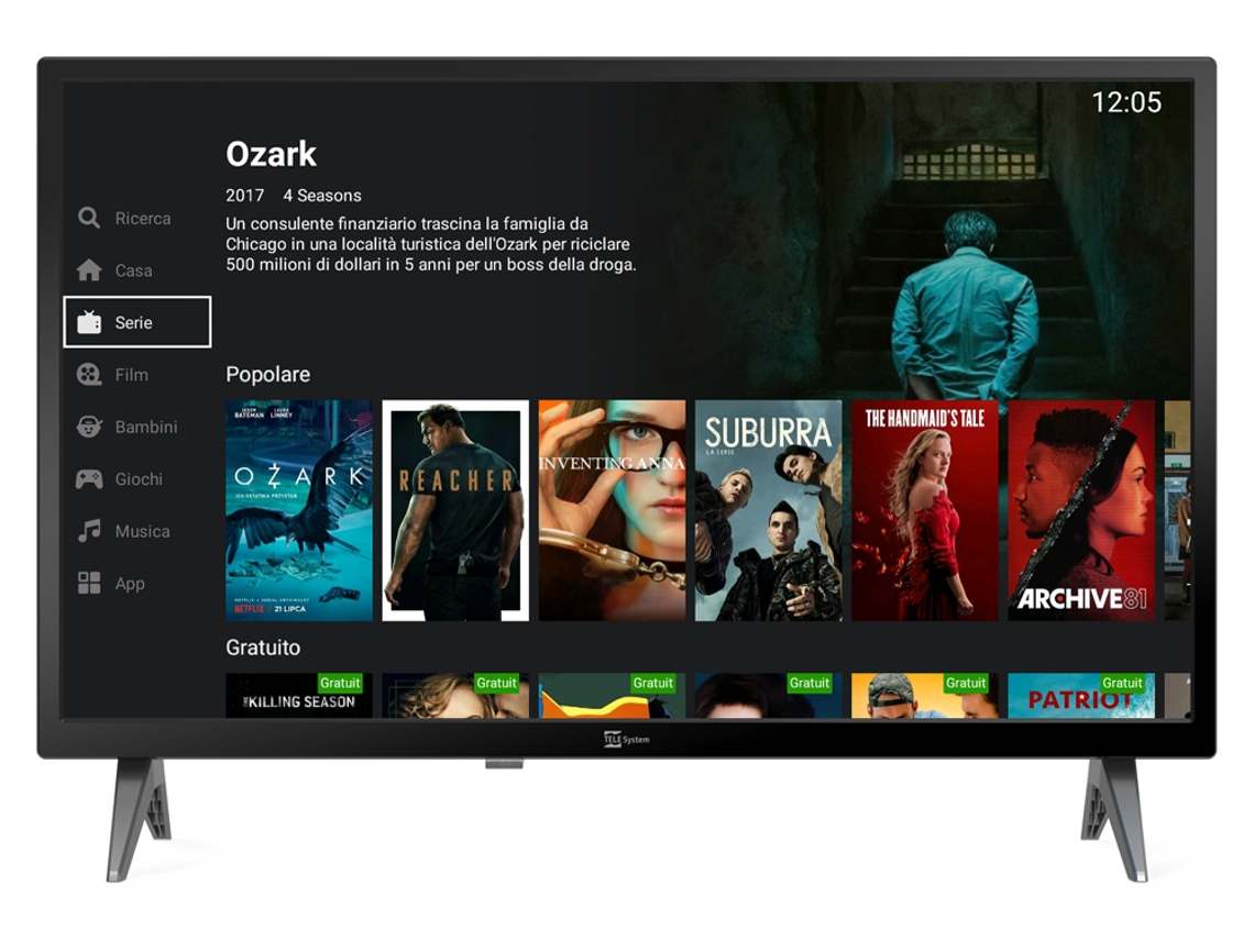 Smart Tv TELE SYSTEM 24 pulgadas ANDROID AOSP LX2 A11, 12/220 V, TV Pause (USB), Digital Terrestre DVB-T2 y Satélite, numeración de canales Tivùsat LCN, modo Hotel