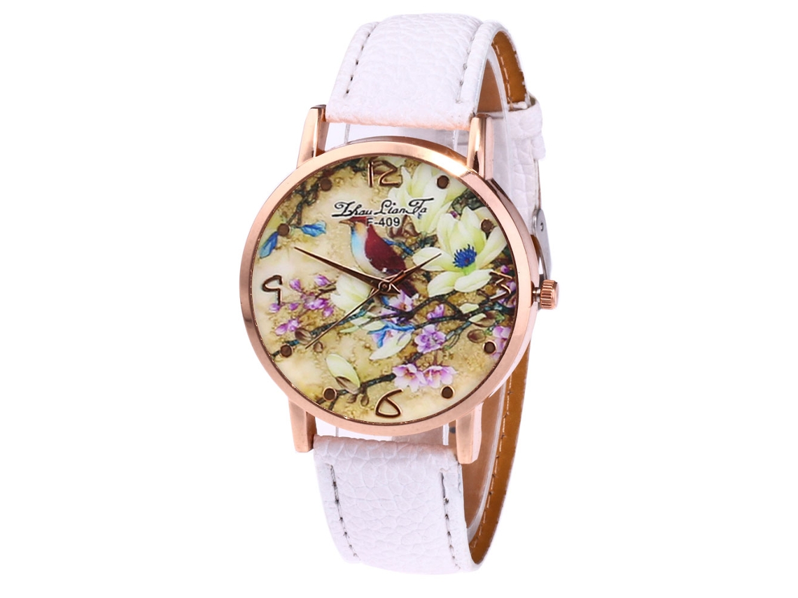 Reloj De Pulsera De Cuarzo Con Correa De Pu Patrón Flor Y Pájaro Zhoulianfa (blanco)
