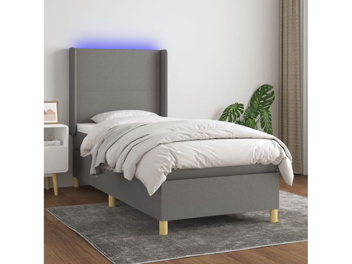Cama Box Spring Colchón Y Luces Led Tela Gris Oscuro 100x200 Cm