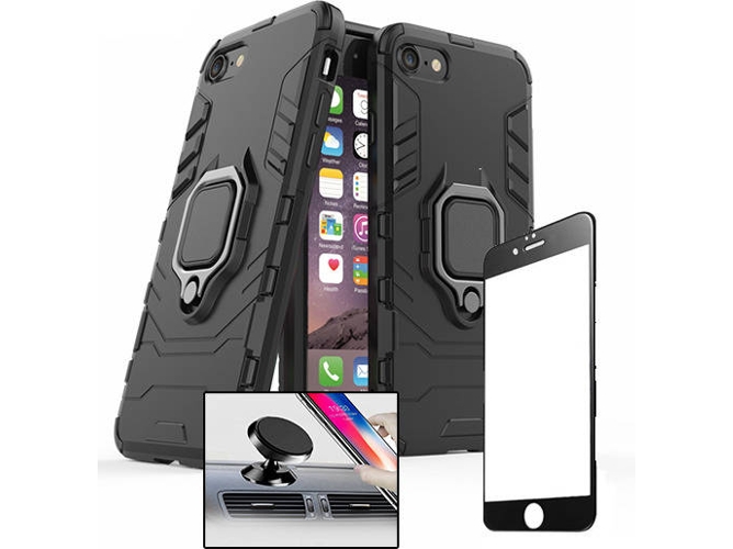 Kit Funda, Protector de Cristal 5D Full Cover y Soporte Magnetico iPhone SE 2020 Defender Negro