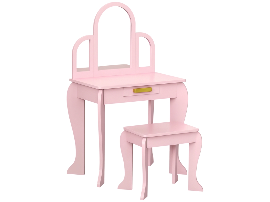 Penteadeira Infantil Espelho Banquinho 1 Gaveta Rosa 3-6 Anos