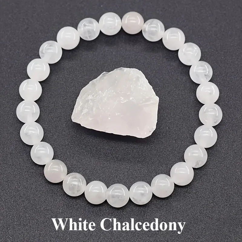 Pulsera De Cuentas De Piedra Natural (calcedonia Blanca, 19 Cm) Para Yoga, Sanación Reiki, Amuleto Y Talismán De La Suerte.
